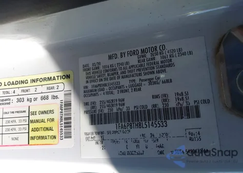 2020 Ford Mustang Ecoboost Fastback z USA, uszkodzony, nr VIN 1FA6P8TH8L5145533